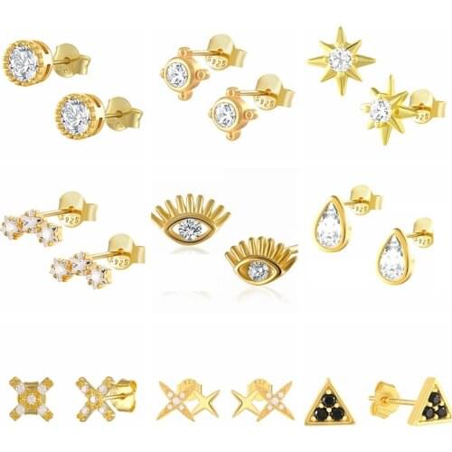 Aide 925 Sterling Silver Zircon Moon Star Planet Stud Earrings For Women Girls Shiny Crystal Snake Piercing Cartilage Earrings