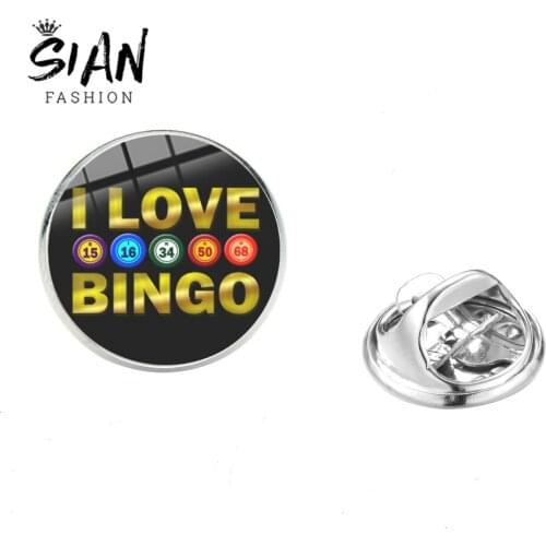 SIAN I Love Bingo Letter Brooch Digital Game Bingo Queen Glass Dome Badge Pin High Grade Stainless Steel Creative Print Brooches