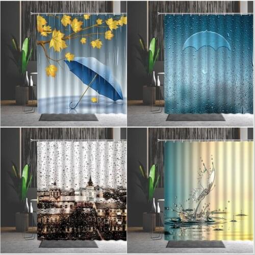 Rain City Landscape Shower Curtain Maple Leaf Creative Water Drop Umbrella Pattern Home Bathroom Decor Cloth Curtains Washable