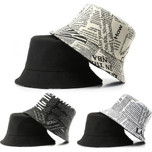 Korean Style Women Men Reversible Double Sided Bucket Hat Vintage Letters Newspaper Print Harajuku Hip Hop Street Panama