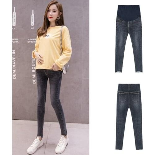 Maternity jeans cropped pants spring and autumn models pregnant women stomach lift pants feet pants outer leggings