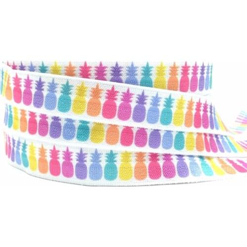 Hot Sale Colorful Pineapple Print Fold Over Elastic 5/8" Rainbow Ananas FOE Ribbon 10 Yards for Hair Tie Hair Accessories