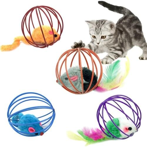 Cat Toy Ball Cage Cat Interactive Toy Plastic Artificial Color Feather Fake Mouse Cat Tease Toy Plush Pet Products PetCloud