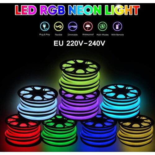 220V 240V RGB Neon Strip Set Waterproof EU Plug Dimmerable Flexible Ribbon Tape Lamp Home Decoration 60leds/m 5050 LED Strip