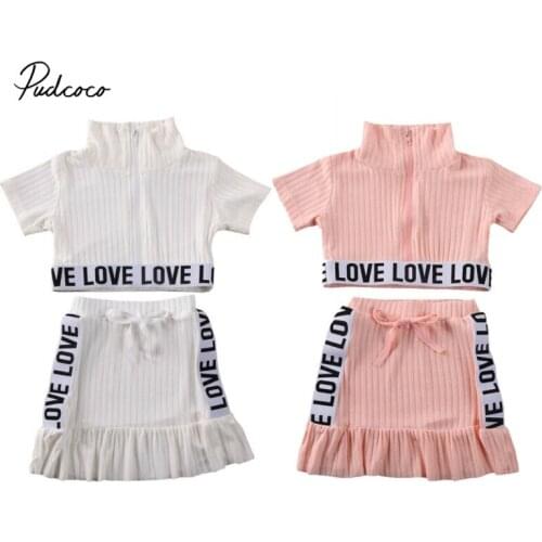 Pudcoco Baby Girls Clothes Set Kids Zipper Short Sleeve T-shirt Tops + Knitted Skirts Valentines Day Outfits Tracksuit 2PCS