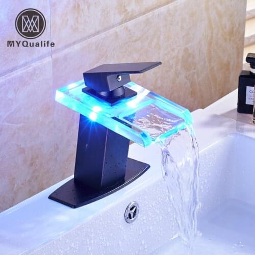 Oil Rubbed Bronze LED Color Changing Bathroom Sink Faucet Deck Mounted Glass Basin Mixer Tap Glass Spout Deck Mounted