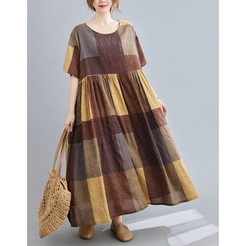 Plaid Dress Short Sleeve Thin Soft Cotton Linen Loose Summer Dress Plus Size 5XL 6XL Women Travel Casual Long Maxi Dress