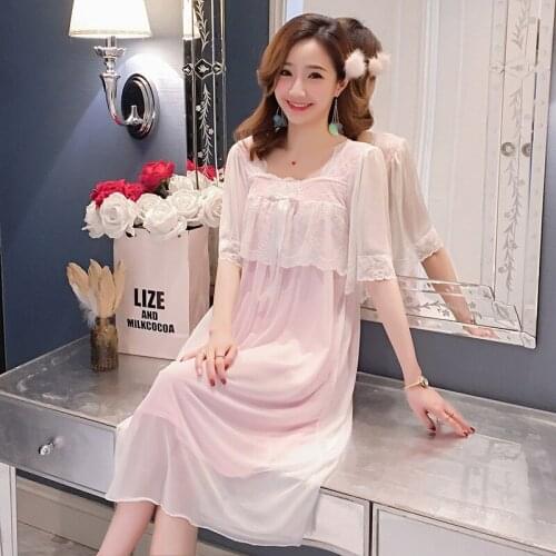 2020 New Summer Sexy Lace Short Sleeve Cotton Princess Style Sweet Mesh Nightdress Household Womens Wear Lace Sexy Nightdress