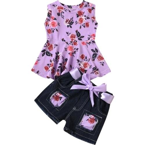 New Little Girl’s Vest and Shorts Suit Fashion Floral Sleeveless Shirt and Patchwork Elastic Denim Short Pants