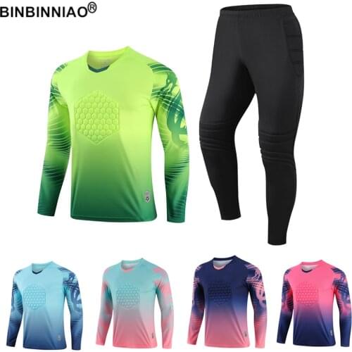 New Men Football Training Suit Goalkeeper Uniform Boys Women Soccer Jersey Set Long Sleeve Protective Sponge Shirt Pants