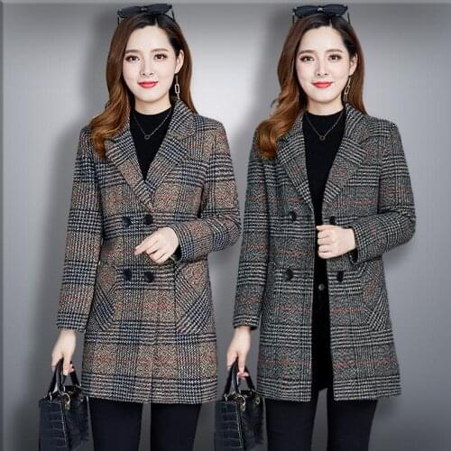 Blended Wool Coat Women Plaid Jacket Autumn Winter Mid-Long Slim coats Jackets Ladies Double Breasted Elegant Woolen Outerwear