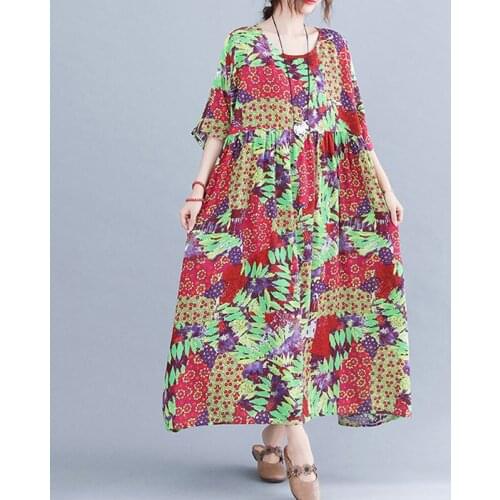 Plus Size 4XL 5XL 6XL Dresses For Women Summer Kawaii Robe Femme Maxi Dress Oversize Floral Printed Cotton Linen Dress Vestidos