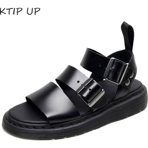 New Women Sandals Black Hasp Genuine Leather Ladies Sandals Summer Comfortable Flat Sandals Open Toe Beach Shoes Woman Footwear