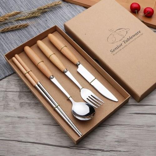 Outdoor Tableware Wooden Handle Cutlery Set Western Food Steak Knife Fork Stainless Steel Chopsticks Spoon Four Sets Gift Box