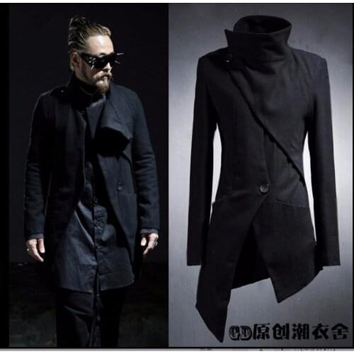 M-5xl New Original Non-mainstream Personality Long Trench Coats Asymmetrical Trench Outerwear Hairstylist Plus Size Clothing