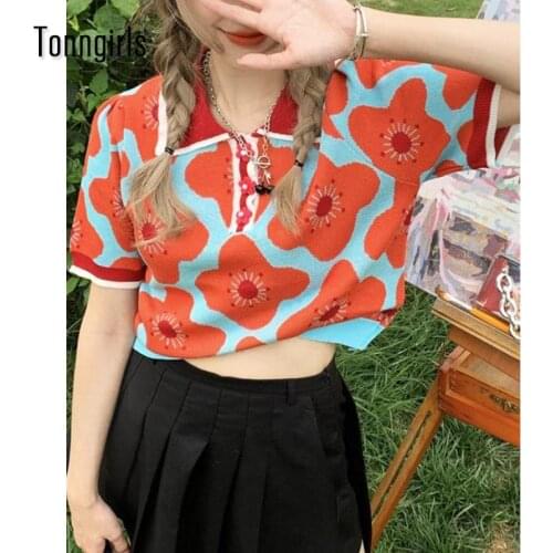 Tonngirls Vintage T Shirt Short Sleeve T-shirt Knitted Turn Down Collar T Shirt Women Floral Korean Style Women Tee Tops Summer