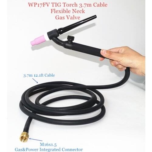 WP17FV TIG Welding Torch Soft Cable Hose 3.7m M16 for WP17 Gas Valve Flexible Neck Argon Tungsten Electrodes TIG Welding Machine