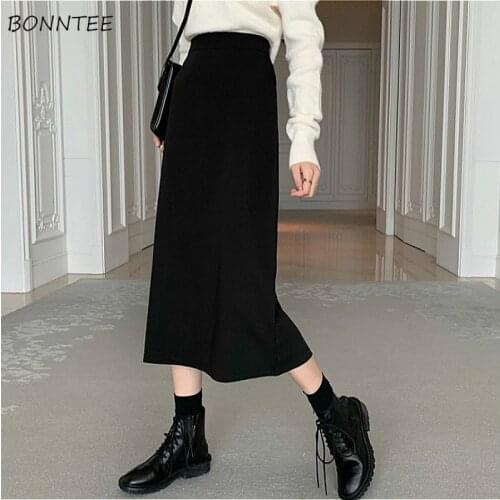 Skirts Women Black Stretch Empire Teenagers Midi All-match Casual Daily Ulzzang Feminino Popular Lady Spring Solid Simple Basic