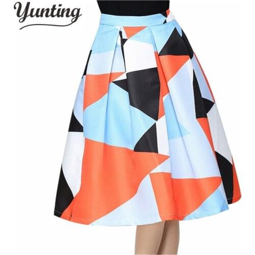Geometric Print Knee-Length Skirt Fashion 2021 Vintage Ball Gown Pleated High Waist Midi Skirts Womens