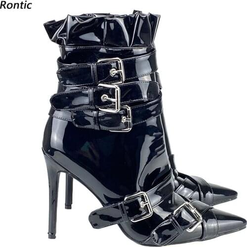 Rontic Handmade Women Winter Ankle Boots Buckle Strap Sexy Stiletto Heels Side Zipper Pointed Toe Black Club Shoes US Size 5-15