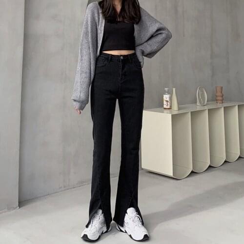 2021 spring and summer black high waist straight tube micro flared jeans womens mopping pants spring fat mm large split wide le