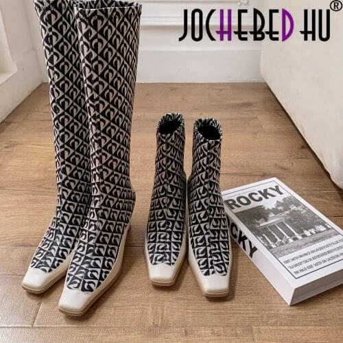 【JOCHEBED HU】Novelty Print Moon-Shaped Stretch Fabric Women Boots Sexy Thin High Heel Point Toe Long Booties Autumn Winter 34-40