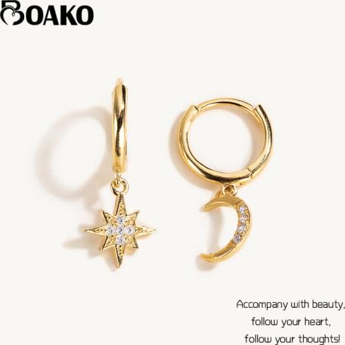 BOAKO 925 Sterling Silver CZ Huggies Earrings For Women 2021 Trend Star Moon Pendiente Ohrringe Hoop Earing Luxury Jewelry Gift