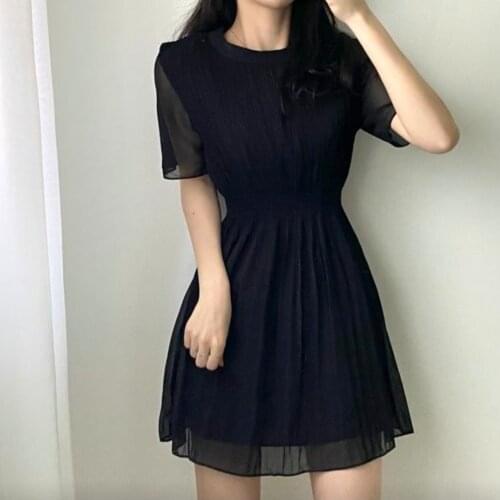 2021 New Summer Korean Dress Women Elastic Waist Chiffon Black White Purple Casual Round Neck Thin For Dresses Short Sleeves J59