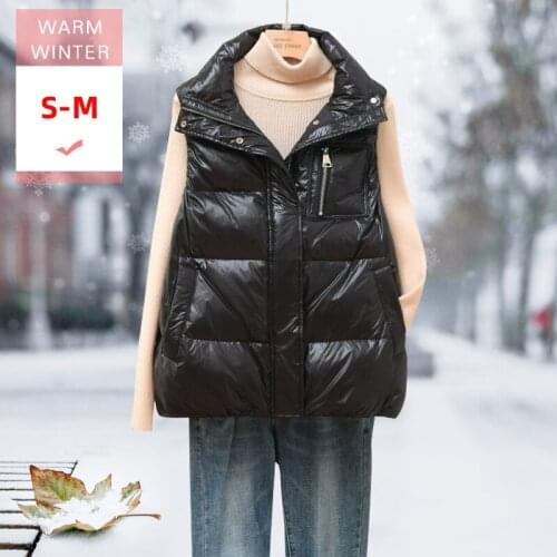 Women Fashion Short White Duck Down Vest Stand Collar Female Loose Thick Soft Warm Sleeveless Zipper Coat Big Size Waistcoat