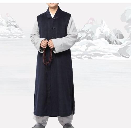 Unisex winter warm buddhist zen clothing buddha gown outfit shaolin monk kung fu suits lay meditation robe long vest