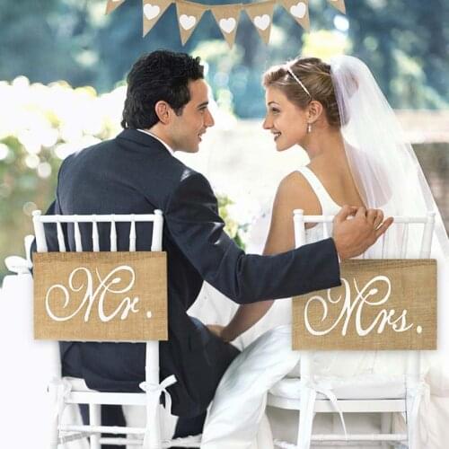 1Pairs Wedding Burlap Mr. & Mrs. Chair Banner Jute Burlap Chair Hanging Sign For Country Vintage Wedding Party Decor Photo Props