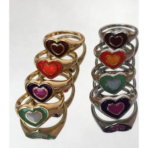2021 Romantic Simple Love Heart Enamel Rings Vintage Double Layer Heart Gold Silver Color Metal Rings For Women Wedding Jewelry