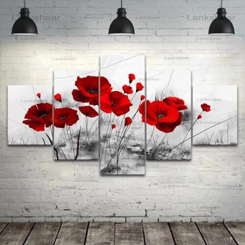 New Combined Flowers Modular Pictures Red Flowers Canvas Painting Wall Art Posters 5 Pcs Print Modern Living Room Home Decor