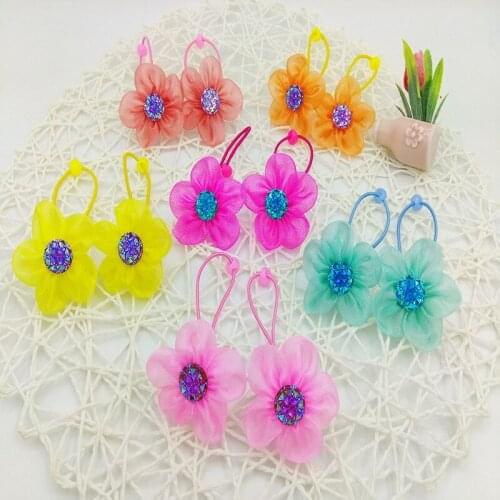 6pairs/lot Girls Silk Crystal Flower Hairbands Solid Diamond-encrusted Elastic Hair Rubber Ties Kids Hair Accessories Scrunchies