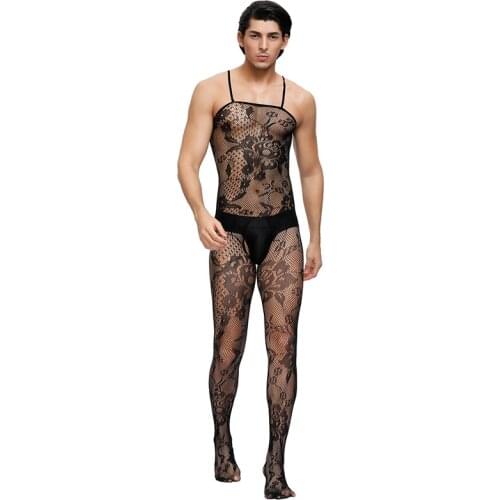Crotchless Men Fishnet Bodystockings Floral Sling Stretchy Body Suit Fantezi Erotik Spaghetti Strap Floral Perspective MPS161
