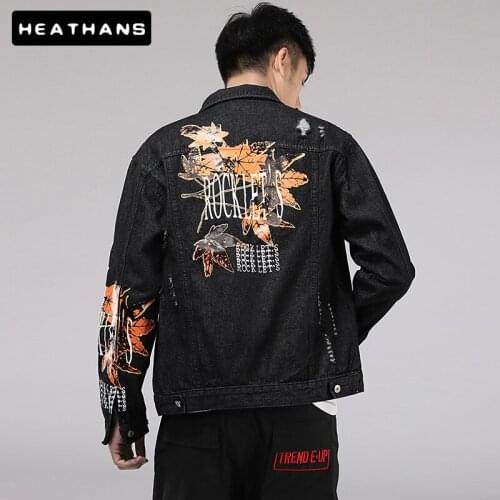 Spring Autumn Jean Jackets Mens Korean Loose Printed Denim Jacket Mens Japanese Long-sleeved Handsome Jackets For Male Clothing