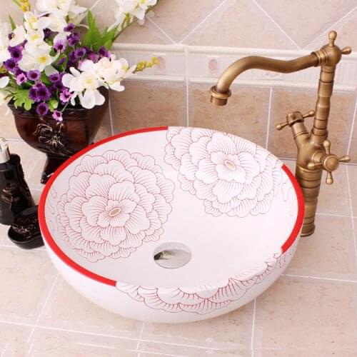Europe style chinese wash basin vessel sinks Jingdezhen Art Counter Top ceramic wash basin bathroom sinks peony pattern