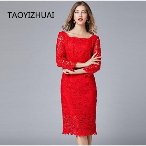 Taoyizhuai brand fashion sexy open back square neck show thin 7 / 4 sleeve lace dress spring and autumn new festive dress