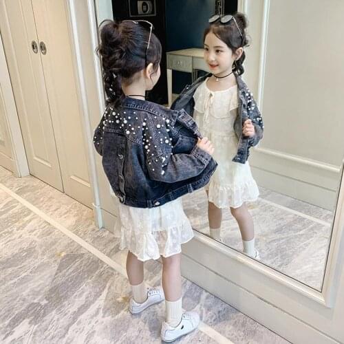 2020 Childrens Clothes Pearl Design New Girls Coat Kids Spring Outerwear Cardigan Jacket Female Child Long Sleeve Denim Tops