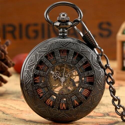 Retro Black Wheel Hollow Mechanical Pocket Watch Roman Numerals Display Antique Hanging Chain Pendant Timepiece Gifts Male