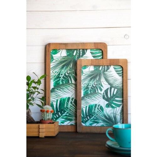 Green Leaf Pattern 2li Wood Tray Set