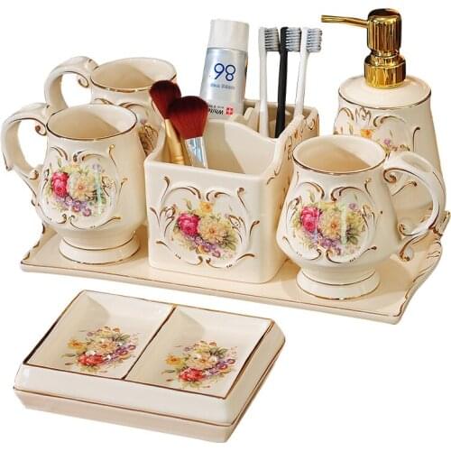 Ceramic Bathroom Accessories Set Soap Dispenser Toothbrush Holder & Cups With Tray Soap Dish Lavatory 6 Pieces Set Wedding Gifts