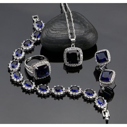 Blue Zircon 925 Sterling Silver Jewelry Sets For Women Caucasian Wedding Earrings/Rings/Bracelet/Pendant/Necklace Set