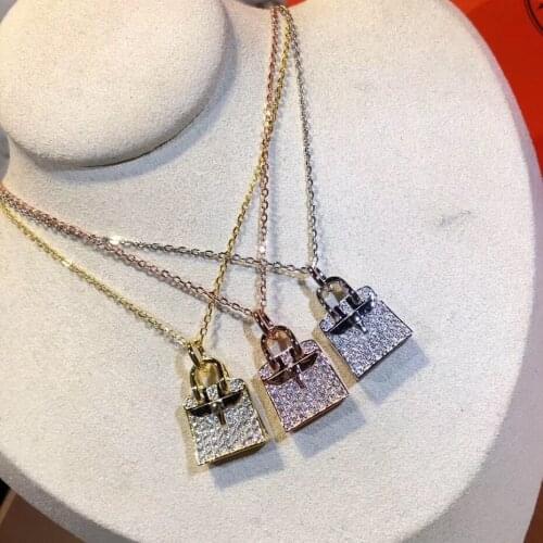 New fashion full drill cz zircon bag shape pendants necklace for women elaborate keychain necklace 925 sterling silver jewelry