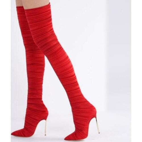 New Arrivals Red Pleated Stretch Fabric Womens Thigh High Boots Gold Metal Heels Over The Knee Boots 2018 Zipper Winter Boots
