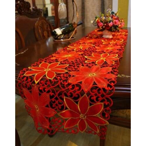 New Arrival! High Quality European Style Red Embroidered Hand Carved Floral Table Runner New Year&Christmas Day Supplies