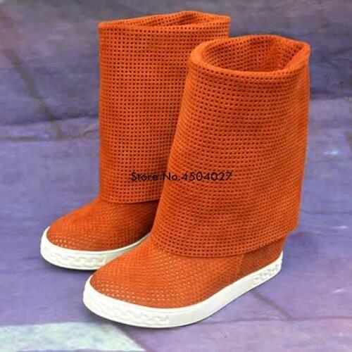 New Women Fashion Boots Autumn Shoes With Slip-on Mid-Calf Solid Hidden Heels Boots Mujer Shoes