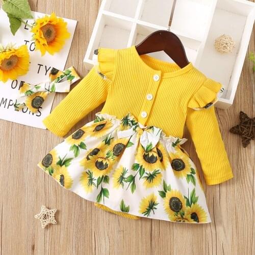 Newborn Romper Dress Baby Girl Dresses Sunflower Print Long Sleeve Baby Girl Clothing Toddler Girl Outfit Baby Dresses 3 Months