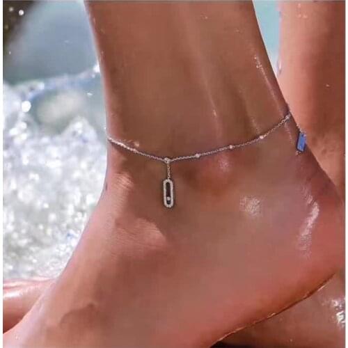 925 Sterling Silver Moving Stone Anklets For Women Luxury Pure Silver Chain Ankle Bracelet Leg Bracelet New Foot Brand Jewelry