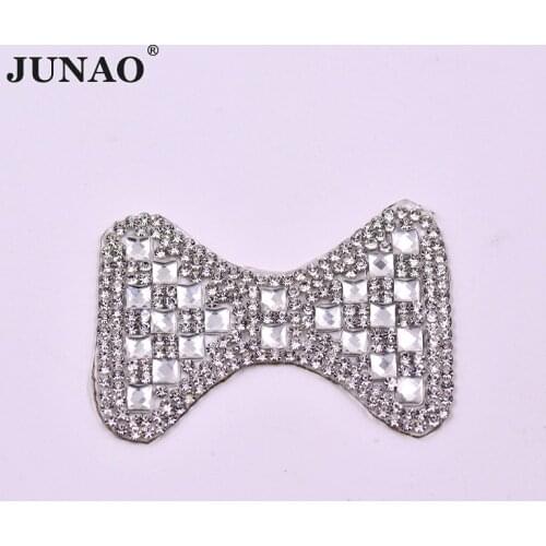 JUNAO Clear Bow Rhinestone Motifs Iron On Clothes Patches Crystal Appliques Hotfix Crystal Motifs For Crafts